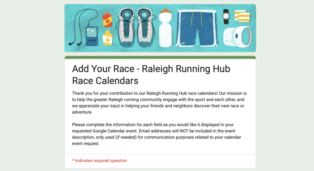Contact form link for race calendar requests.